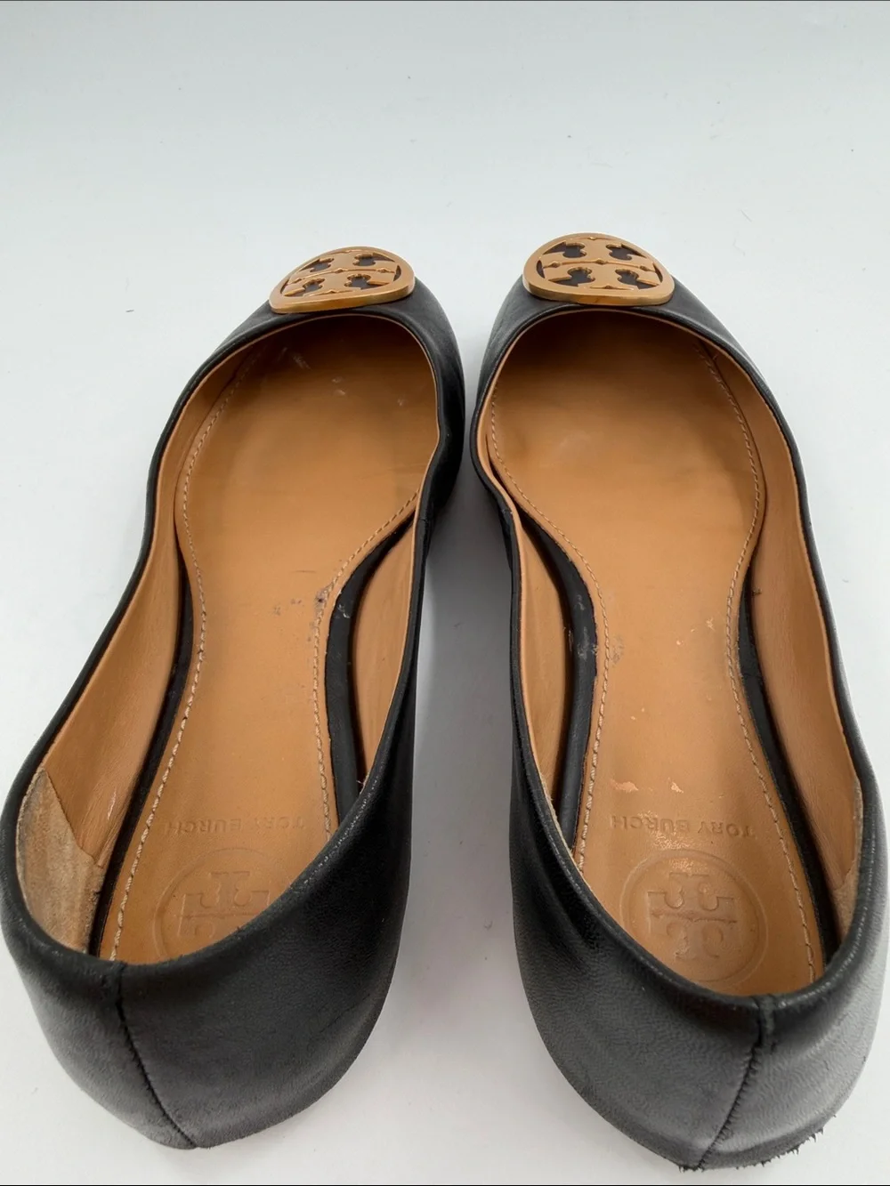 Tory Burch Benton Ballet Flats Black Nappa Leather Size 7.0 Gold Logo Medallion